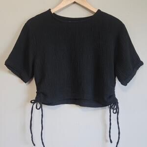 Just Be Top Womens 1X Black Short Sleeve Gauze Cotton Cinch Hem Crop Boxy‎ Tee